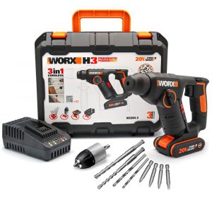 WORX WX394.3 20Volt 2.0Ah. Li-ion 1.5J Profesyonel SDS-Plus Pnömatik Şarjlı Matkap + 9 Adet Uç + Mandren