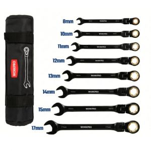 WORKPRO WP202603 8-17mm 8 Parça CR-V Profesyonel Mafsallı Cırcır Kombine Anahtar Takımı + Bez Taşıma Kılıfı